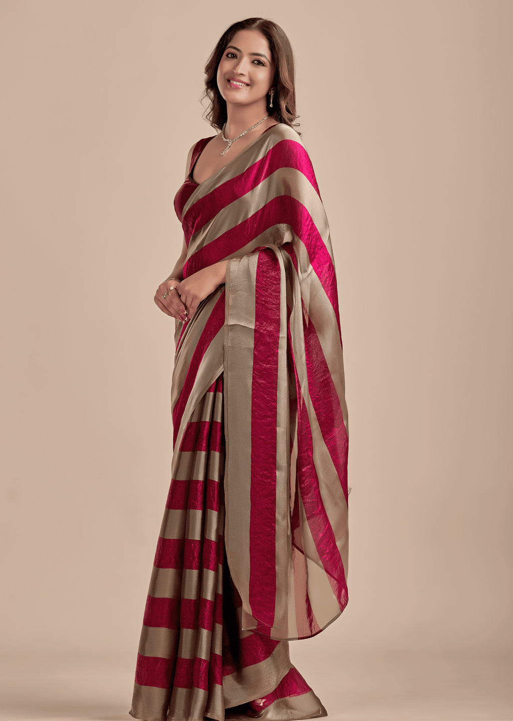 Berry Wine Tissue Silk Saree With Metallic Stripe Weave
