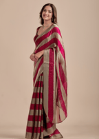 Berry Wine Tissue Silk Saree With Metallic Stripe Weave