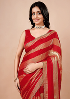 Crimson Red Tissue Silk Saree With Metallic Stripe Work