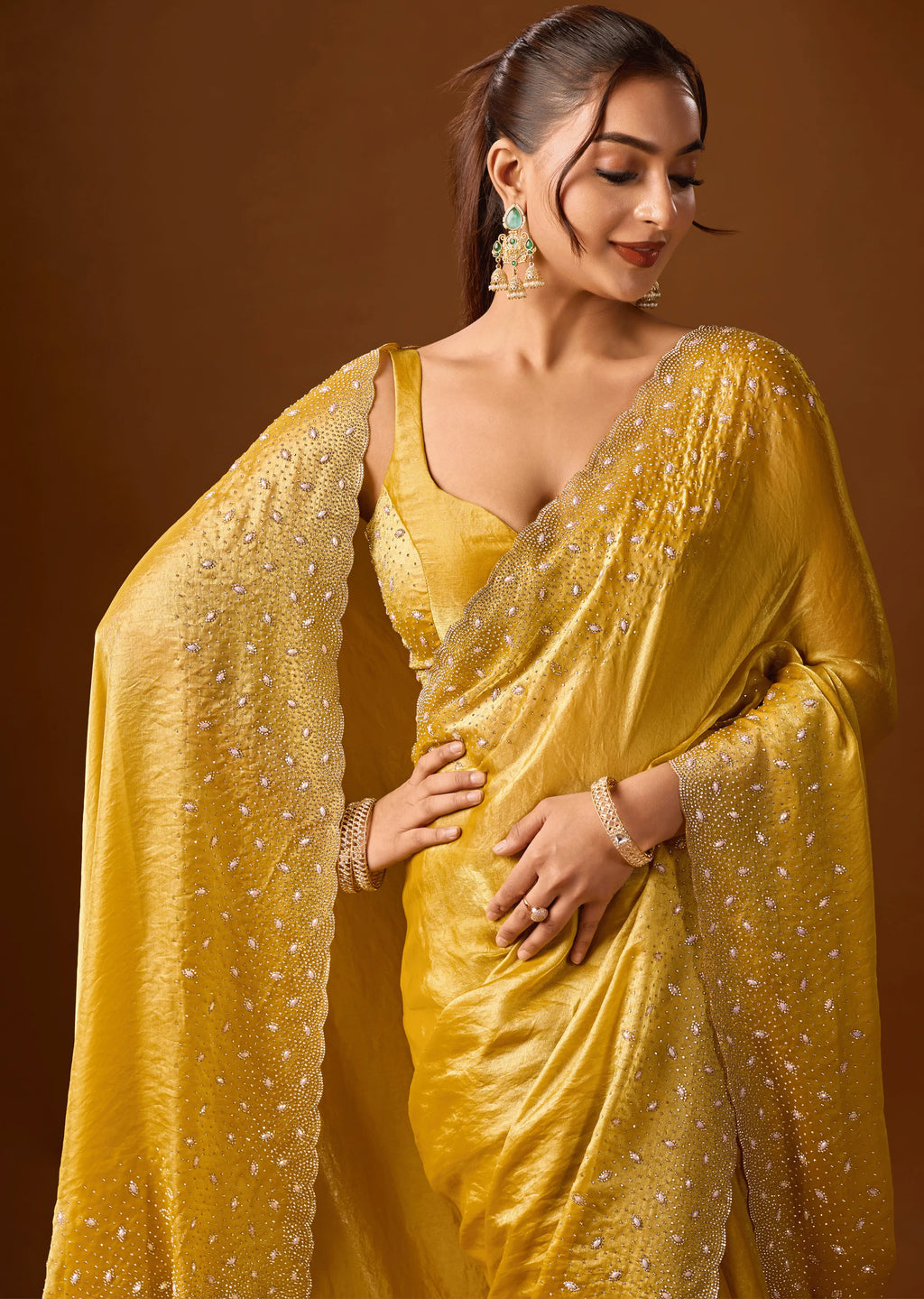 Mustard Yellow Tissue Silk Saree Draped Look - Stone Work Design