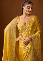 Mustard Yellow Tissue Silk Saree Draped Look - Stone Work Design
