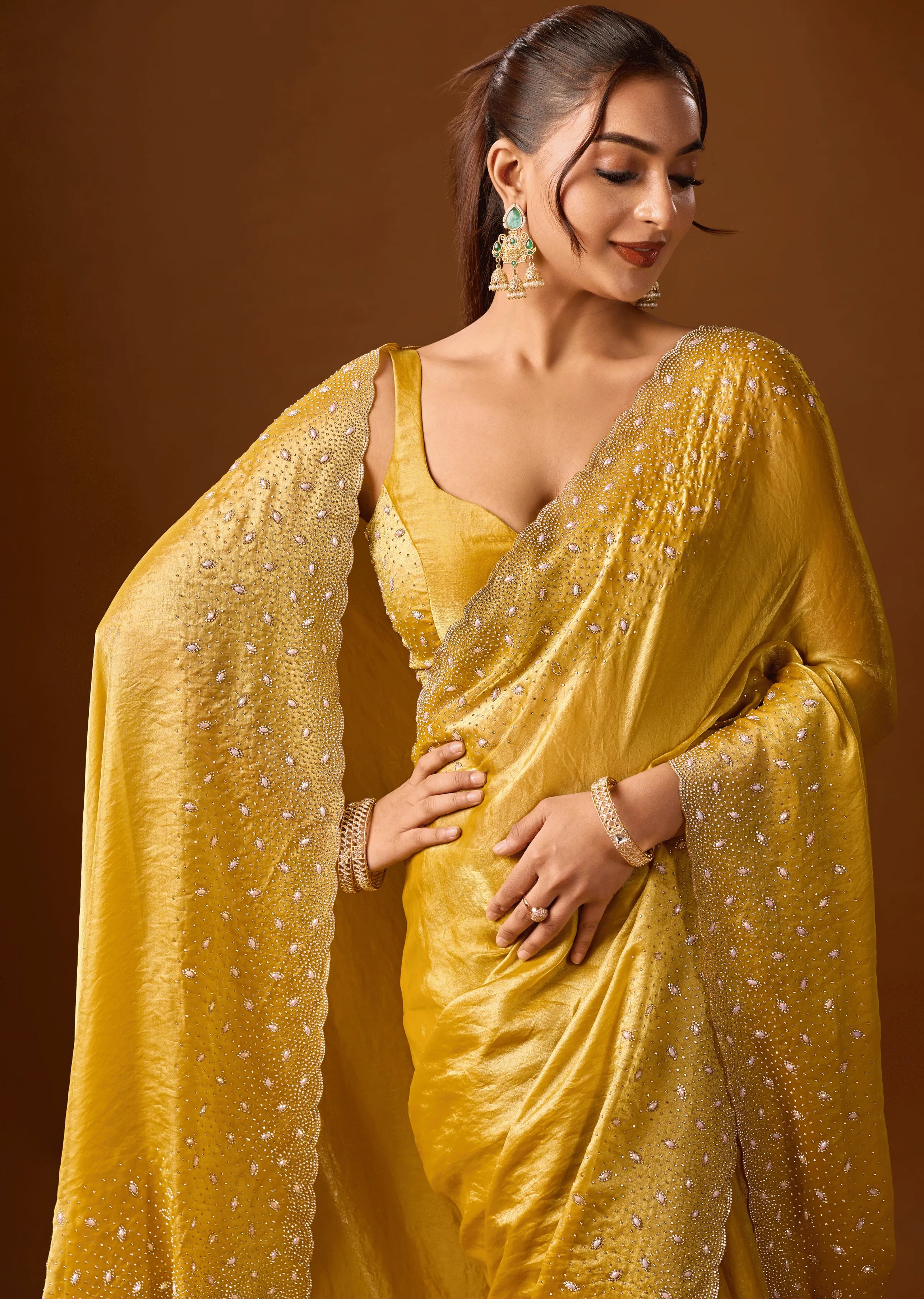 Mustard Yellow Tissue Silk Saree Draped Look - Stone Work Design