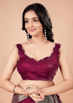 Wine Tissue Silk Saree With Metallic Stripe Work