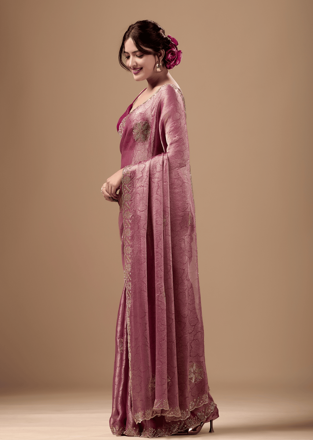Rose Pink Jacquard Saree With Handcrafted Stone Border