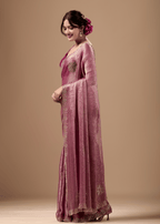 Rose Pink Jacquard Saree With Handcrafted Stone Border