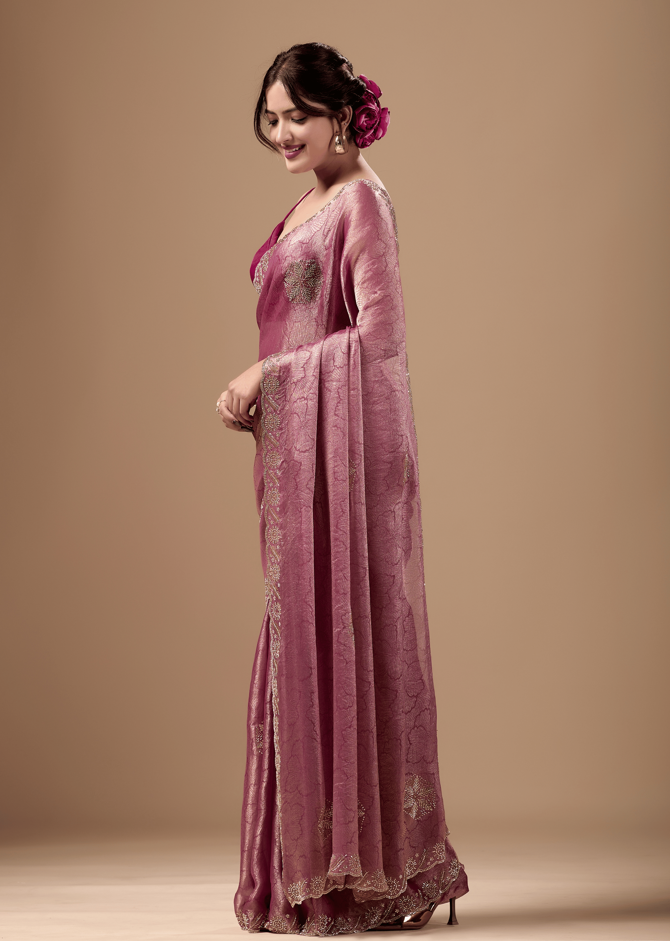 Rose Pink Jacquard Saree With Handcrafted Stone Border
