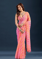  Red Chiffon Saree With Striped Print - Front Look | Buy On Ethnic9