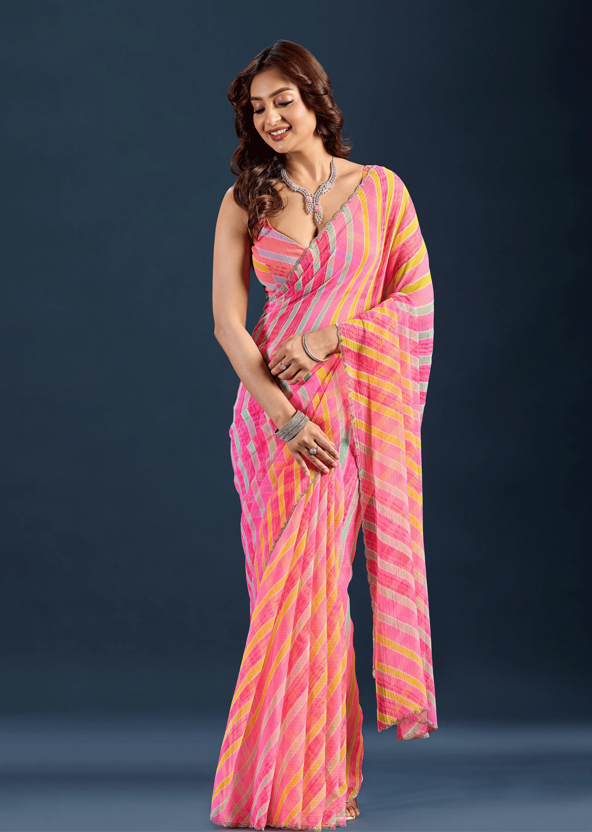  Red Chiffon Saree With Striped Print - Front Look | Buy On Ethnic9