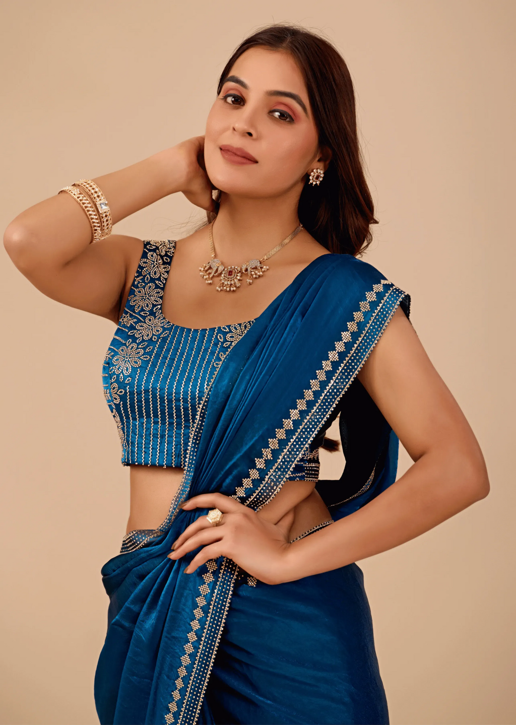 Ocean Blue Tissue Silk Saree With Crystal Border Work