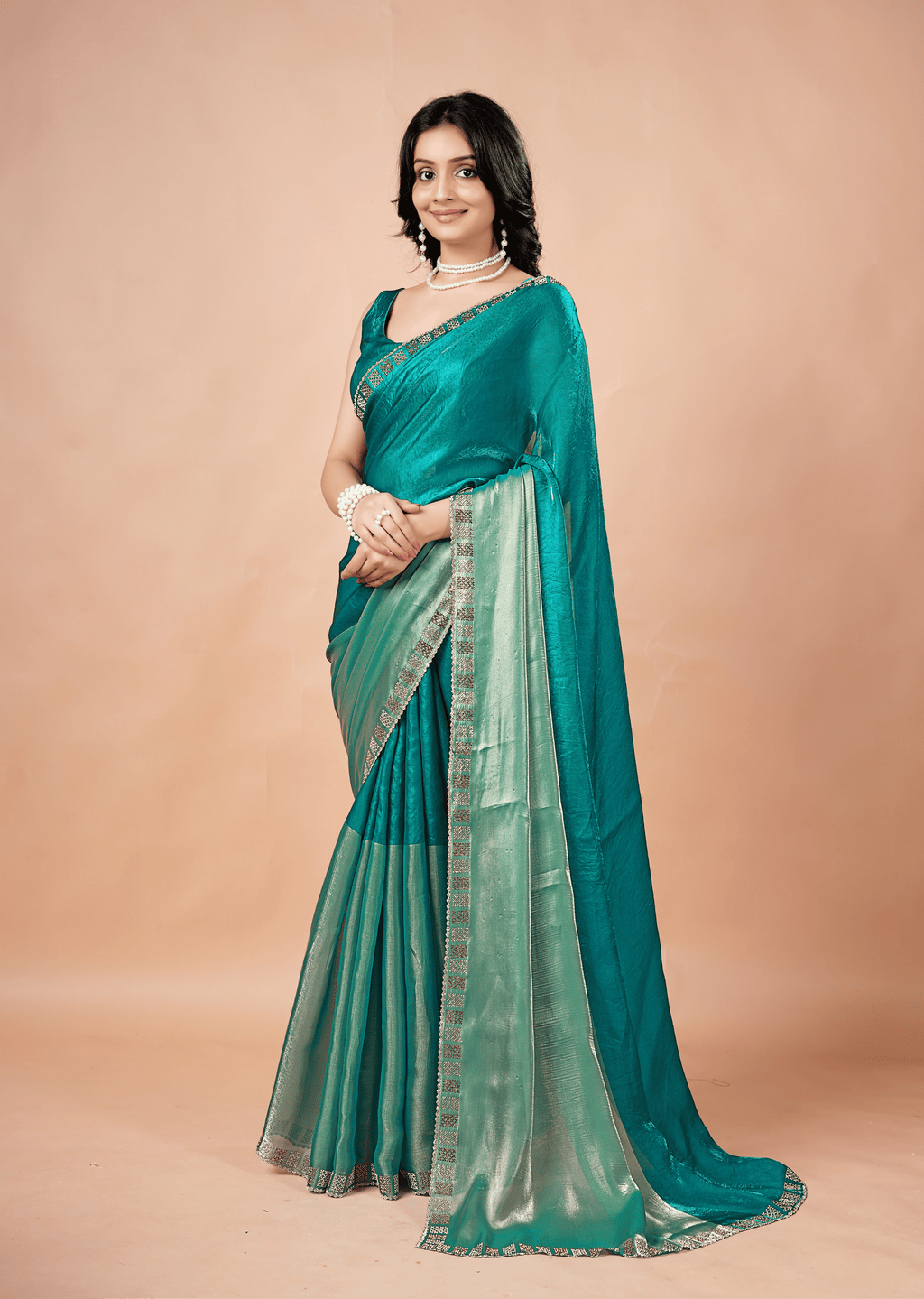 Firozi Tissue Silk Saree With Stone Border
