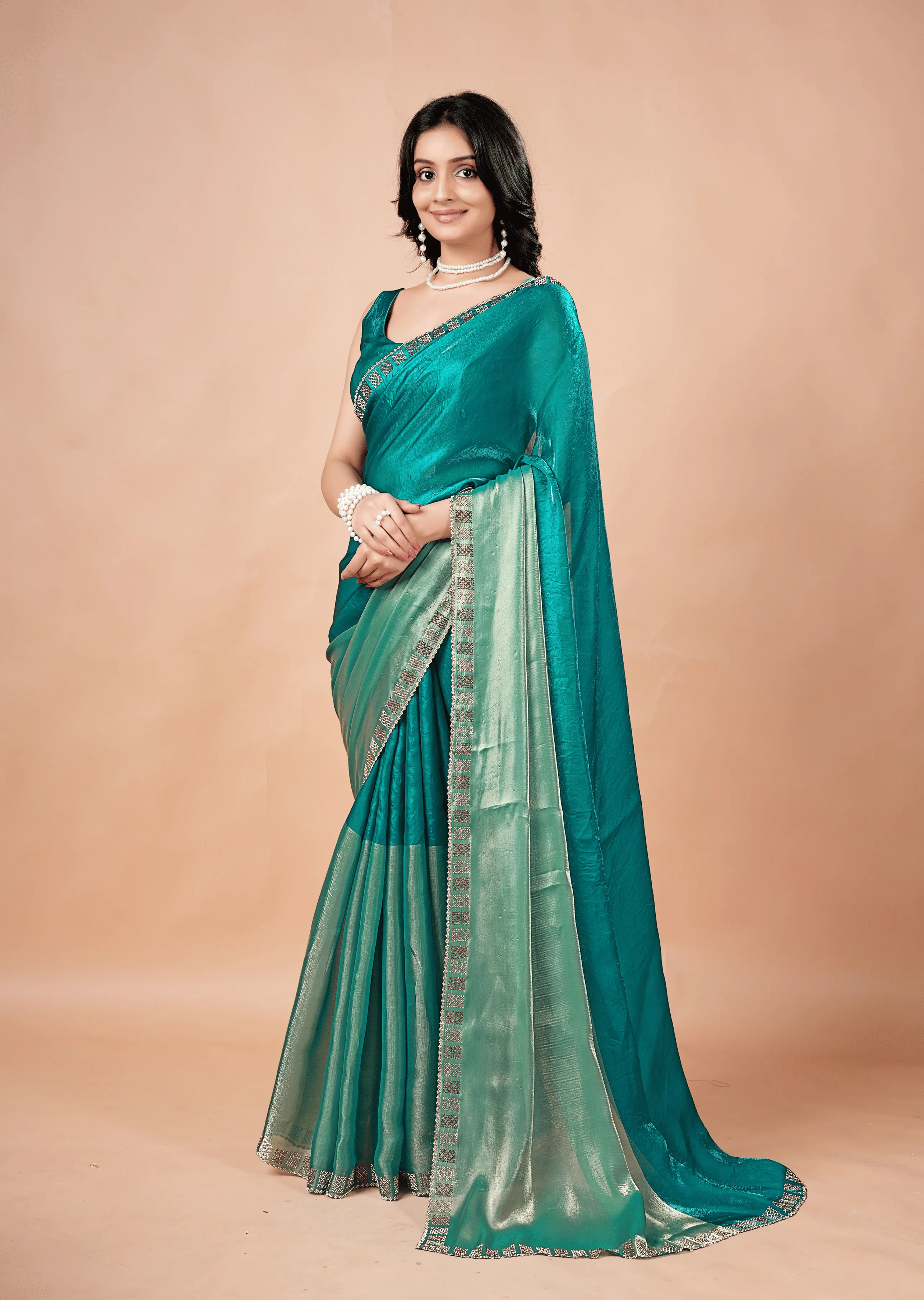 Firozi Tissue Silk Saree Draped Look - Dual Tone Pallu Design