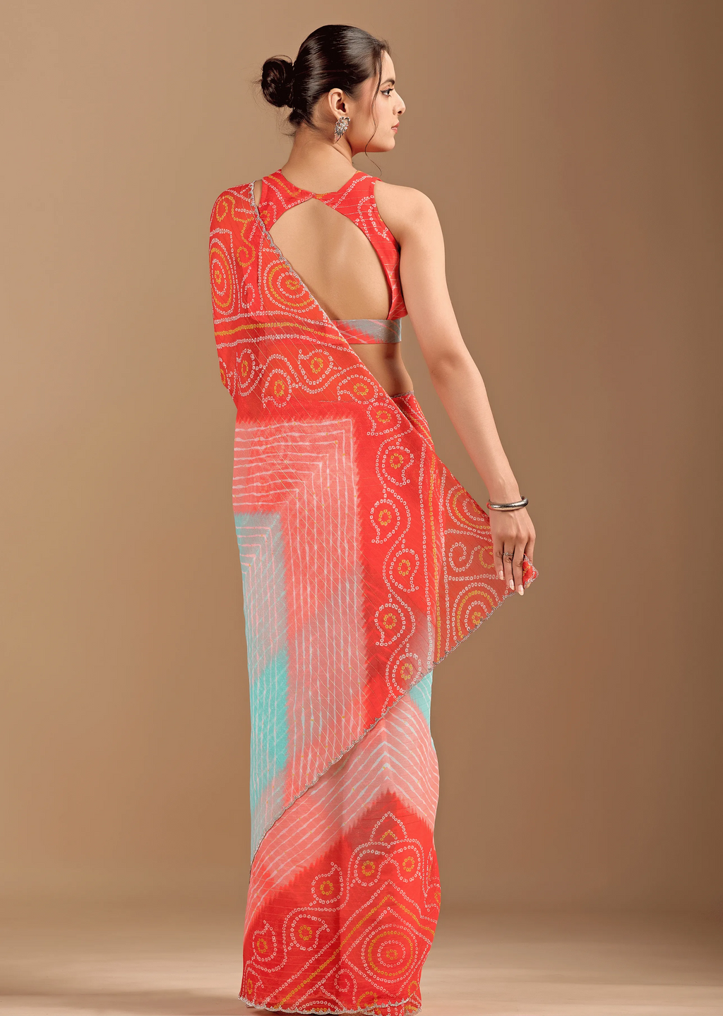  Orange Chiffon Saree Back Pose - Bandhani Print Detail