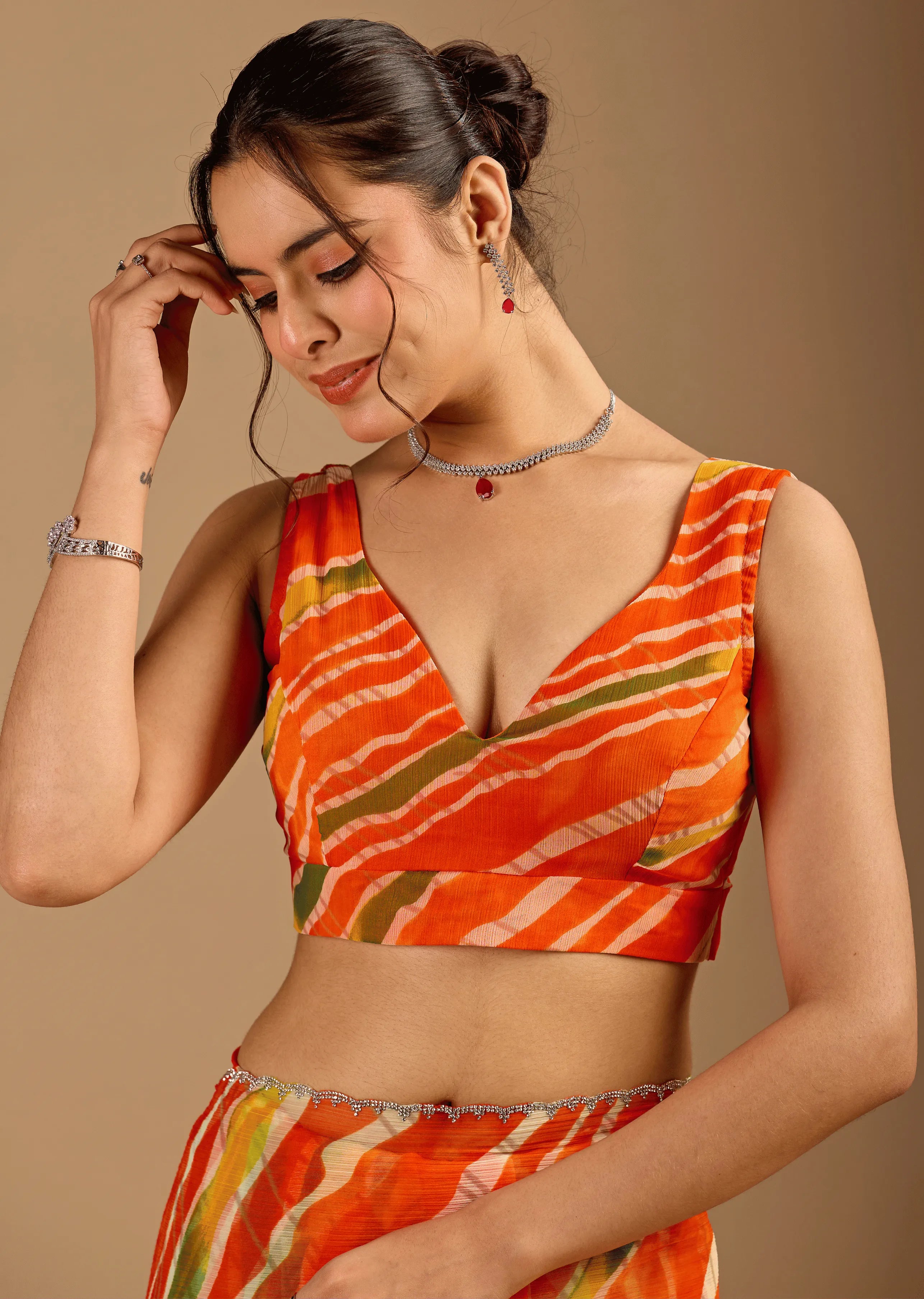 Orange Chiffon Saree Draped Look - Leheriya Print Design