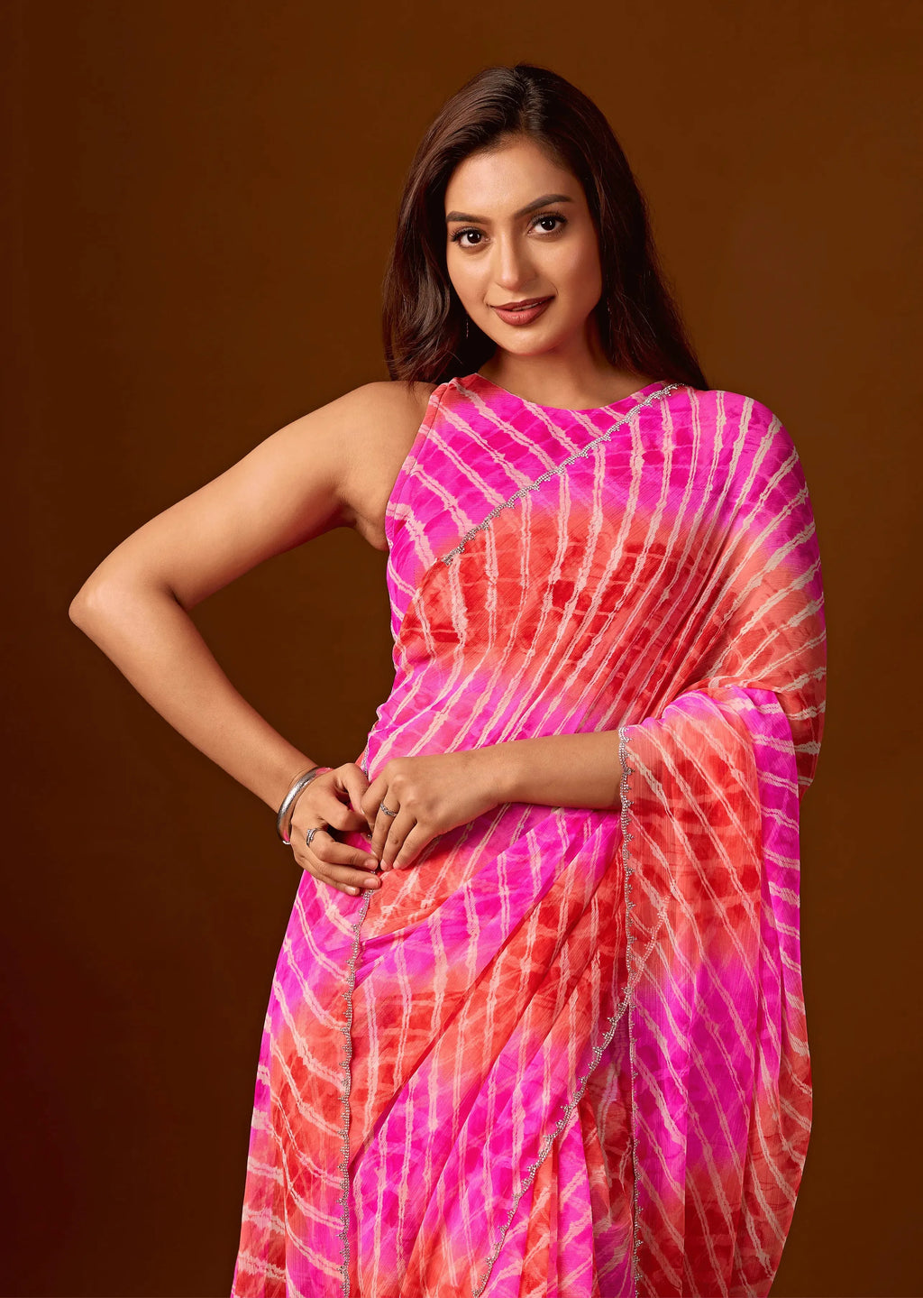 Flamingo Pink Chiffon Saree With Shibori Print