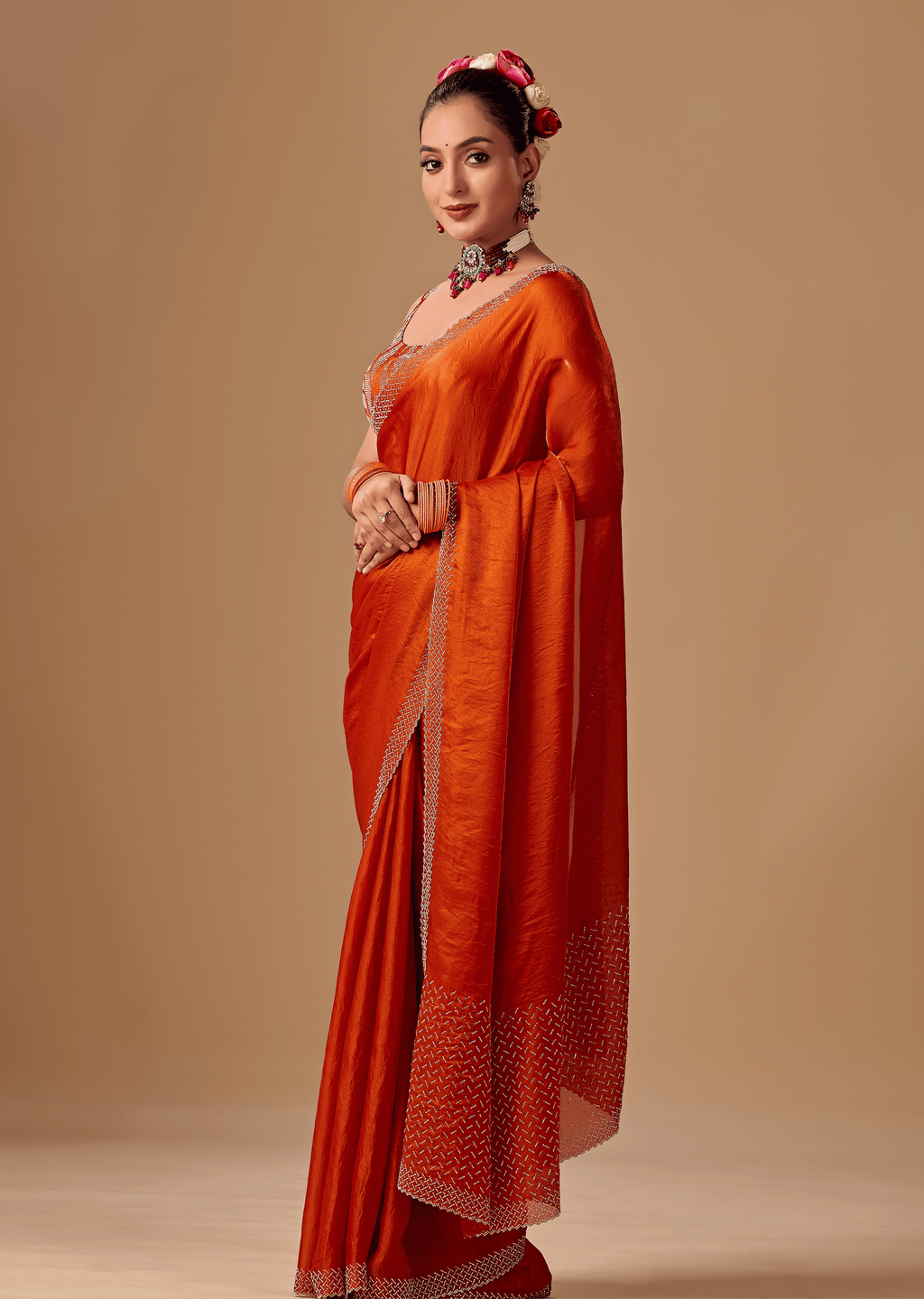 Burnt Orange Tissue Silk Saree With Rhinestone Border