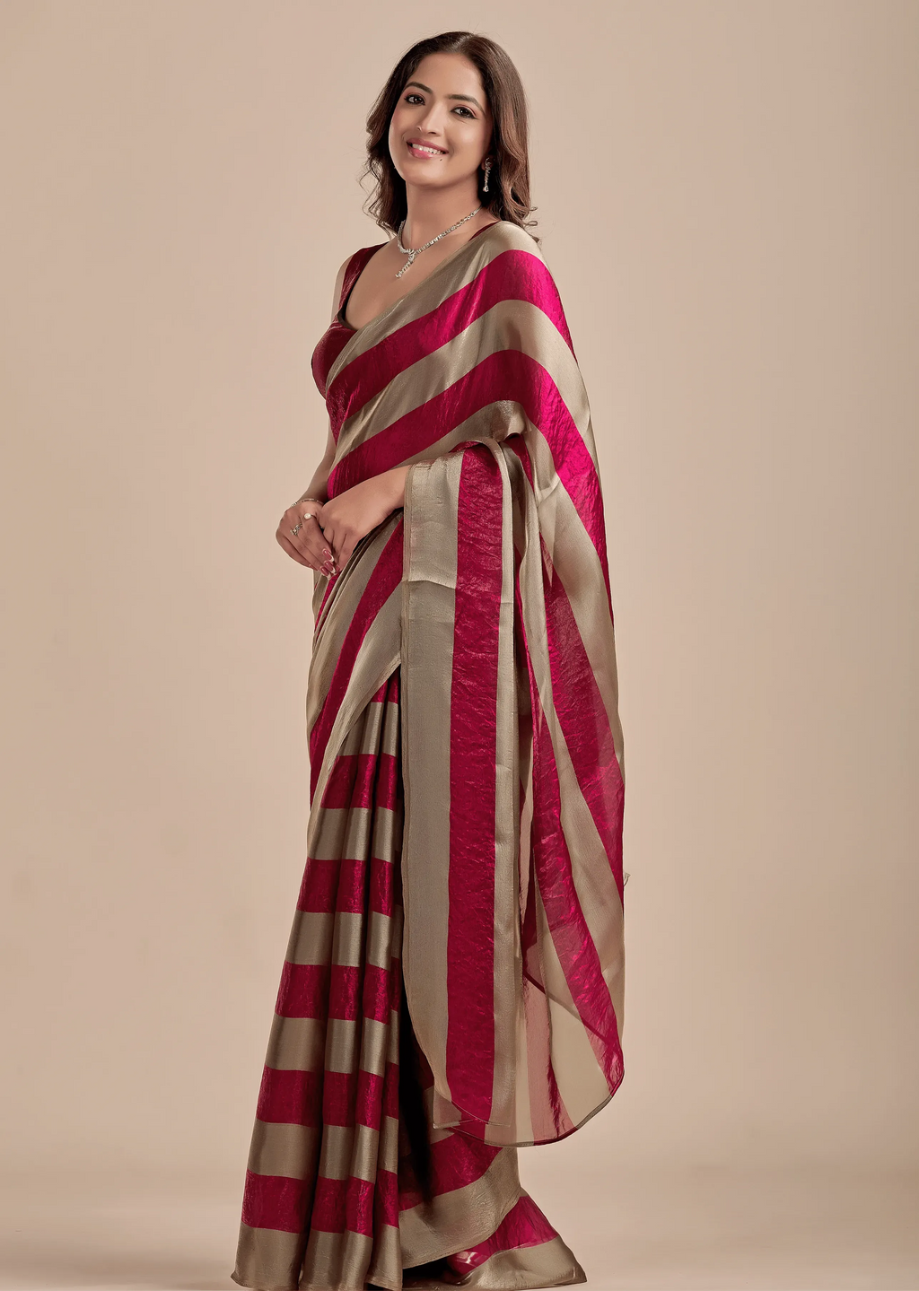 Berry Wine Tissue Silk Saree With Metallic Stripe Weave