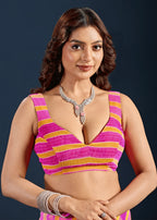 Rani Pink Chiffon Saree Blouse Close Up - Silver Lace Detailing