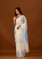  Off White Organza Silk Saree Blouse Close Up - Scalloped Lace Detailing