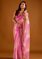 Rani Pink Chiffon Saree With Leheriya Print