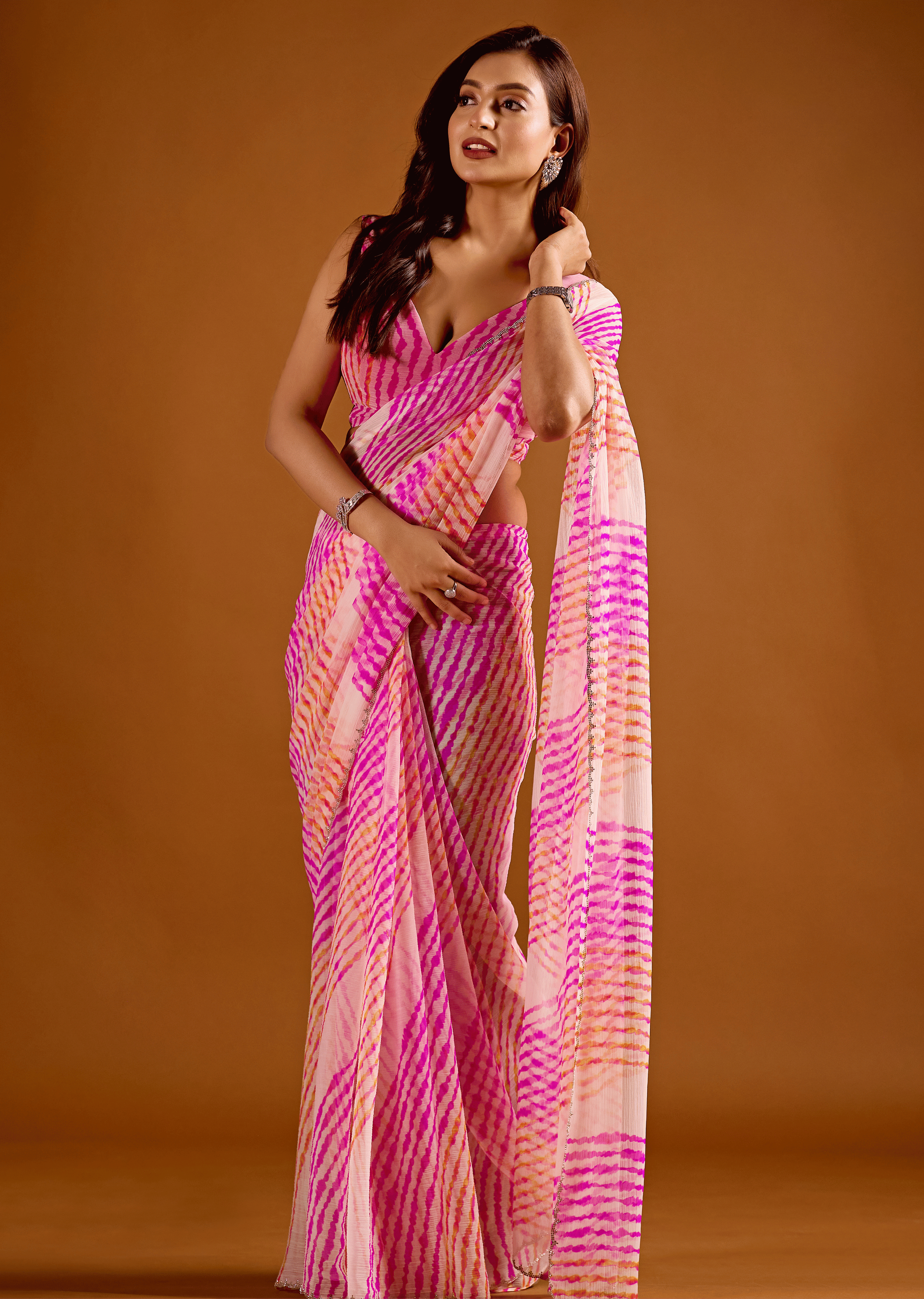 Rani Pink Chiffon Saree With Leheriya Print