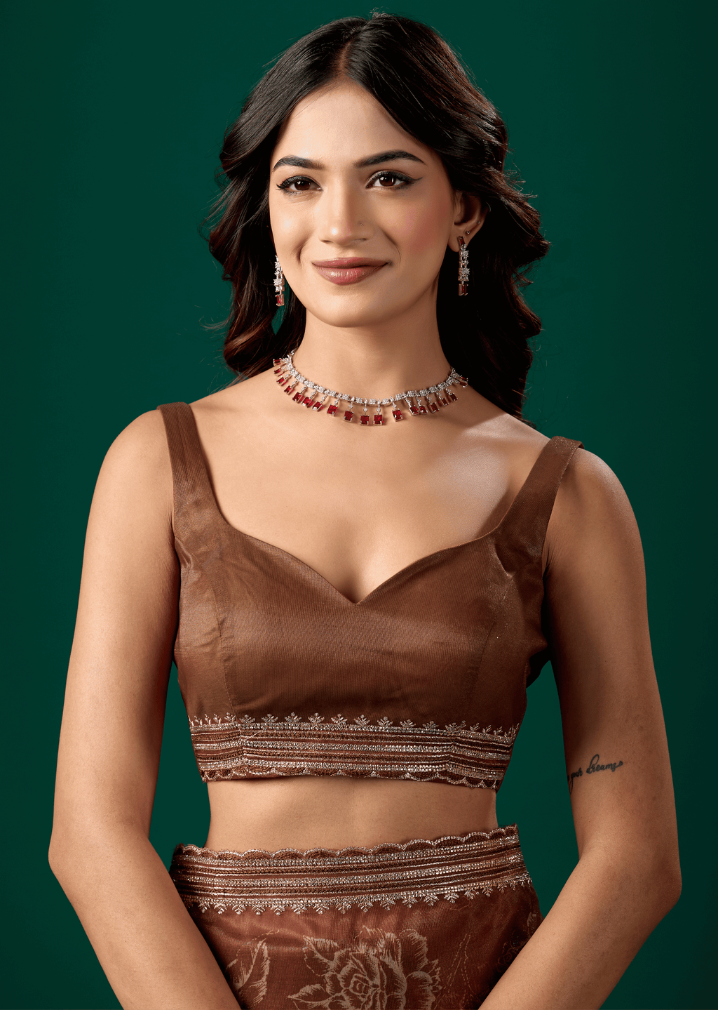 Coffee Brown Organza Saree With Floral Print