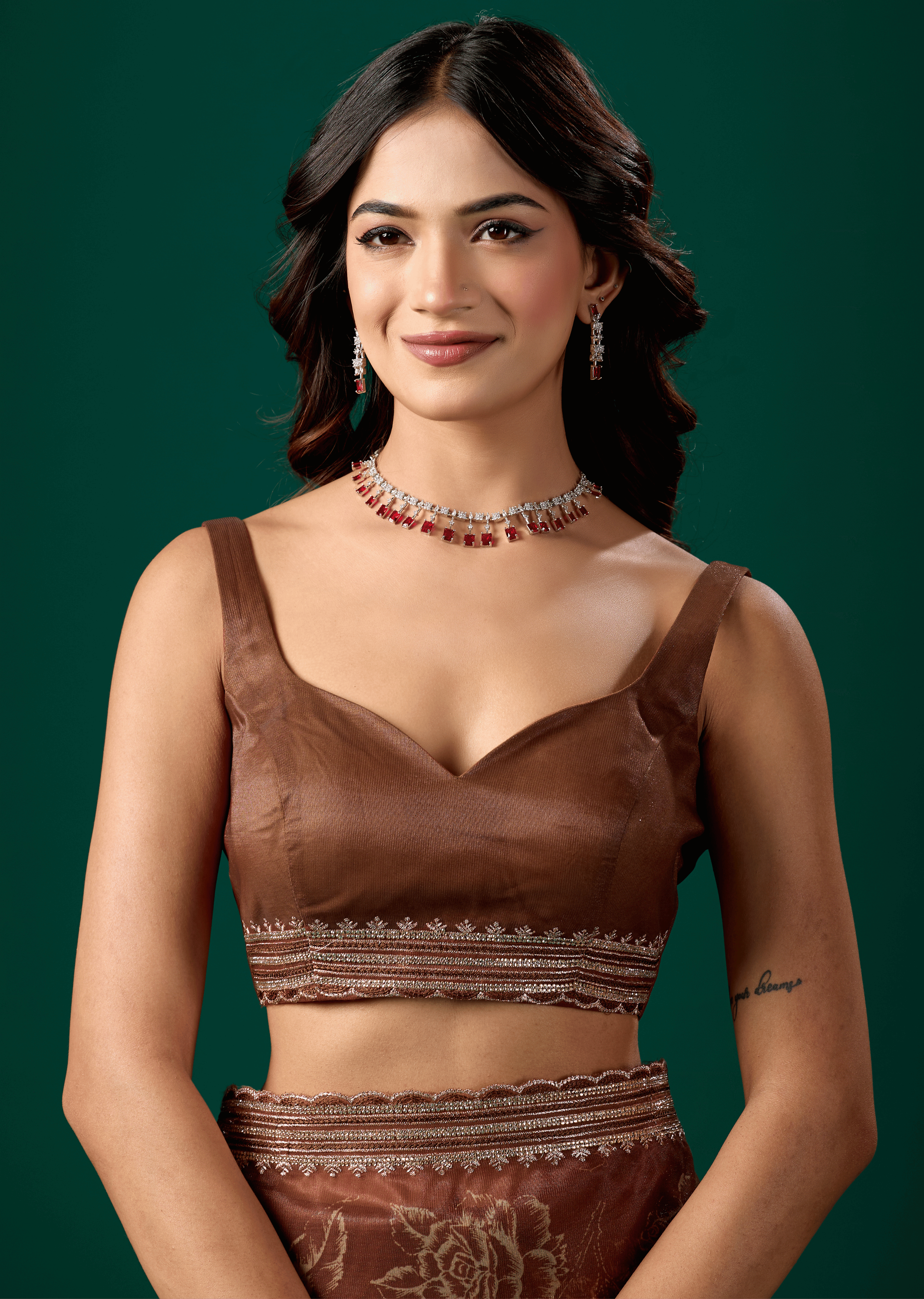 Coffee Brown Organza Saree With Floral Print