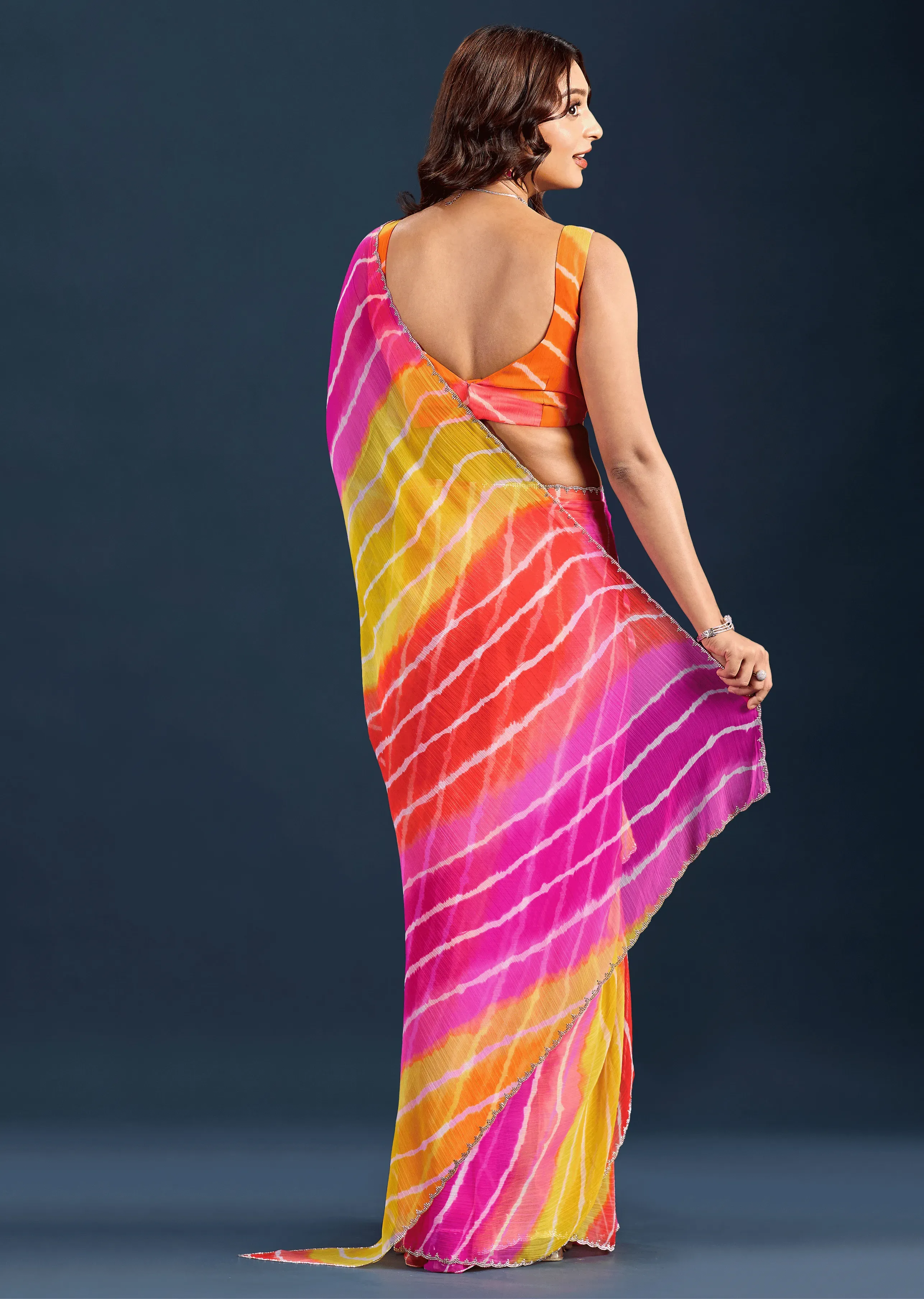 Orange Chiffon Saree With Leheriya Print