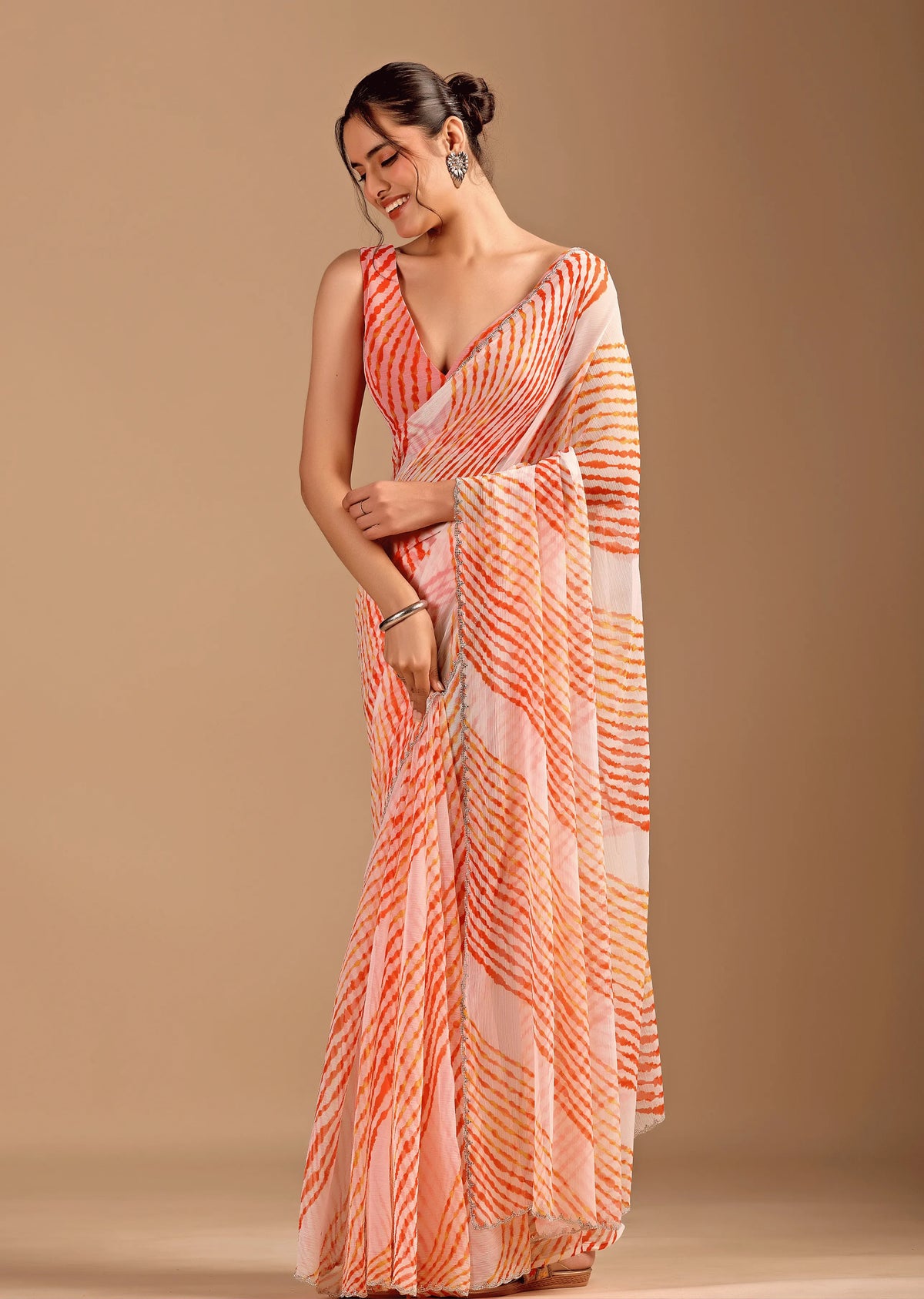 Peach Orange Chiffon Saree Side Pose - Festive Wear Saree