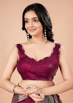 Wine Tissue Silk Saree With Metallic Stripe Work