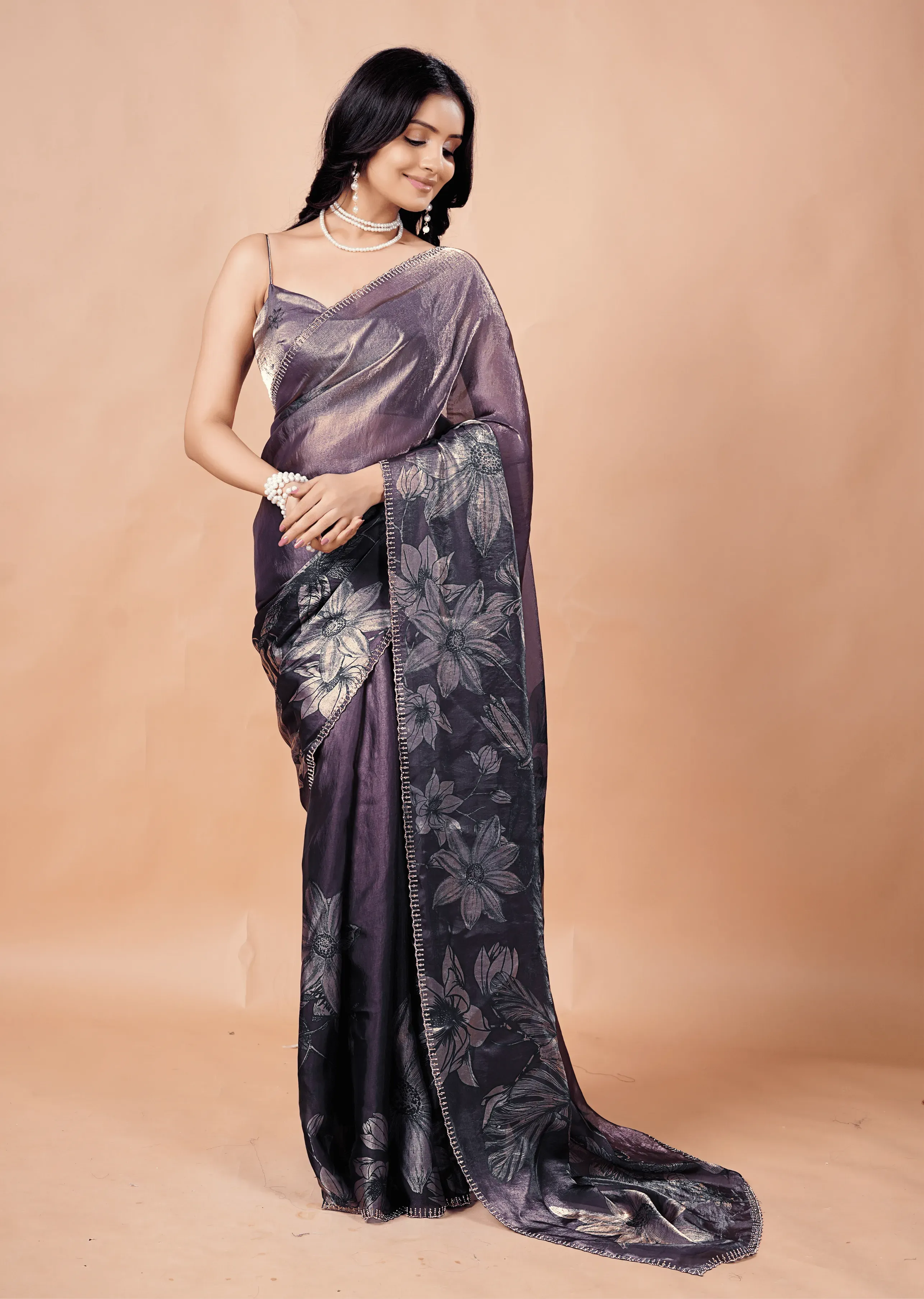 Smoky Purple Organza Silk Saree With Metallic Floral Print