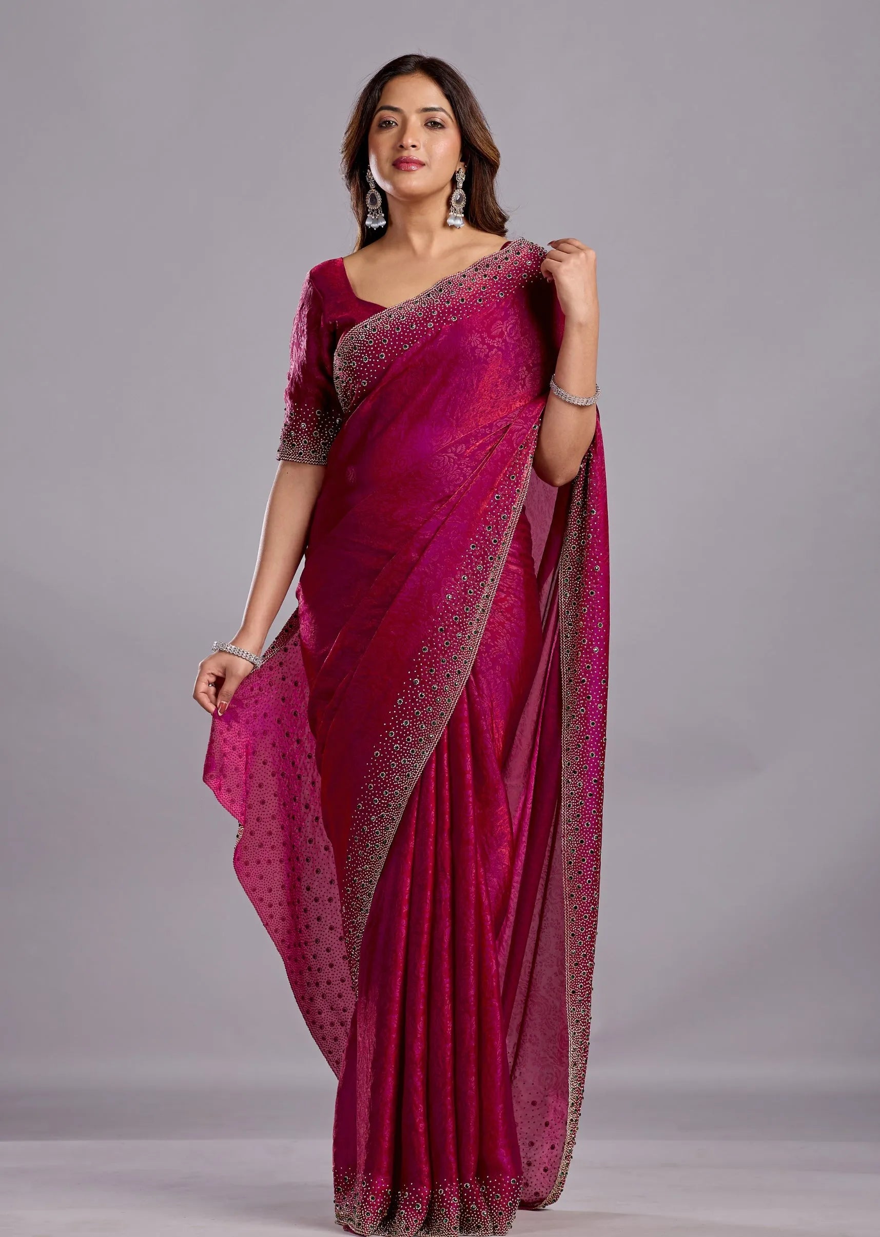 Rani Pink Tissue Silk Saree With Crystal Stone Work - Front Look | Buy On Ethnic9
