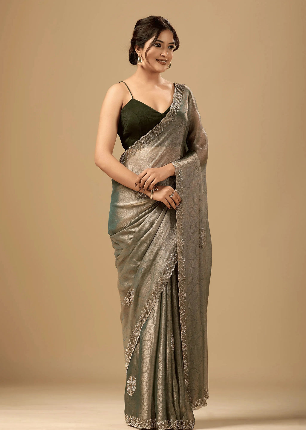 Sage Green Jacquard Saree With Crystal Stone Border