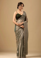 Sage Green Jacquard Saree With Crystal Stone Border