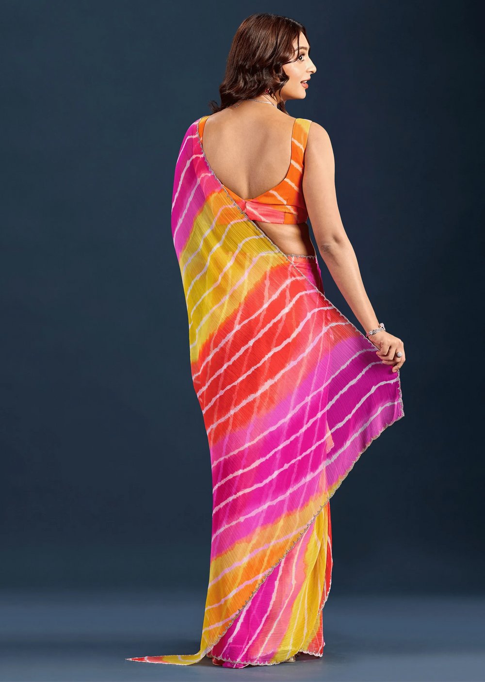 Orange Chiffon Saree With Leheriya Print - Photo 2 | Buy Online Ethnic9