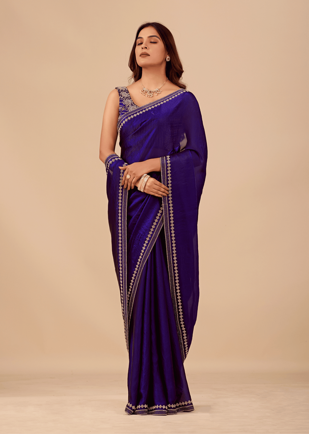 Midnight Blue Tissue Silk Saree With Crystal Border Work