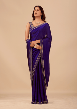 Midnight Blue Tissue Silk Saree With Crystal Border Work