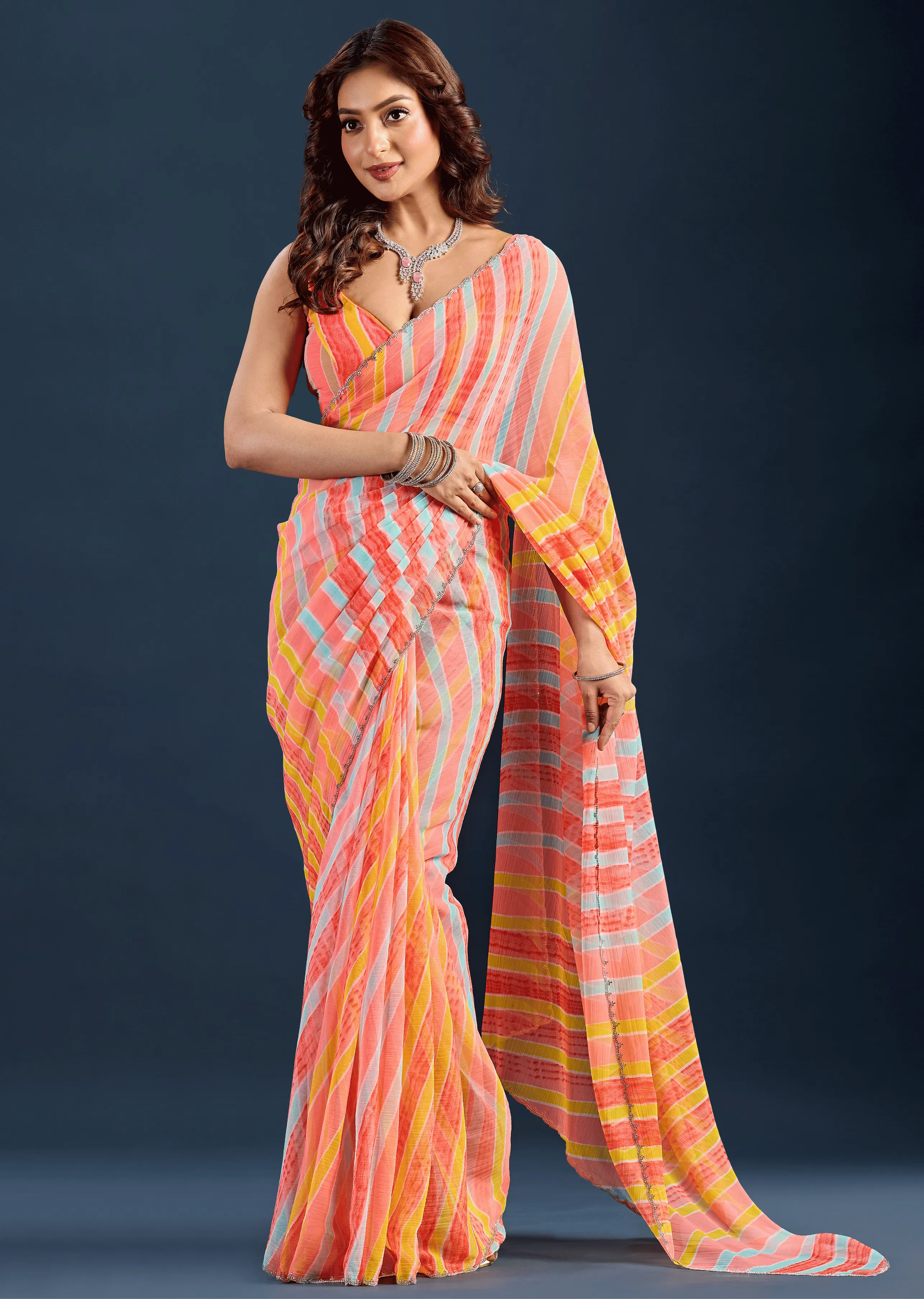 Yellow Red Chiffon Saree With Stone Work - Front Look | Buy On Ethnic9