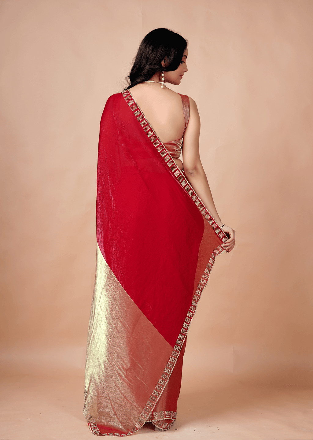 Red Tissue Silk Saree With Stone Border