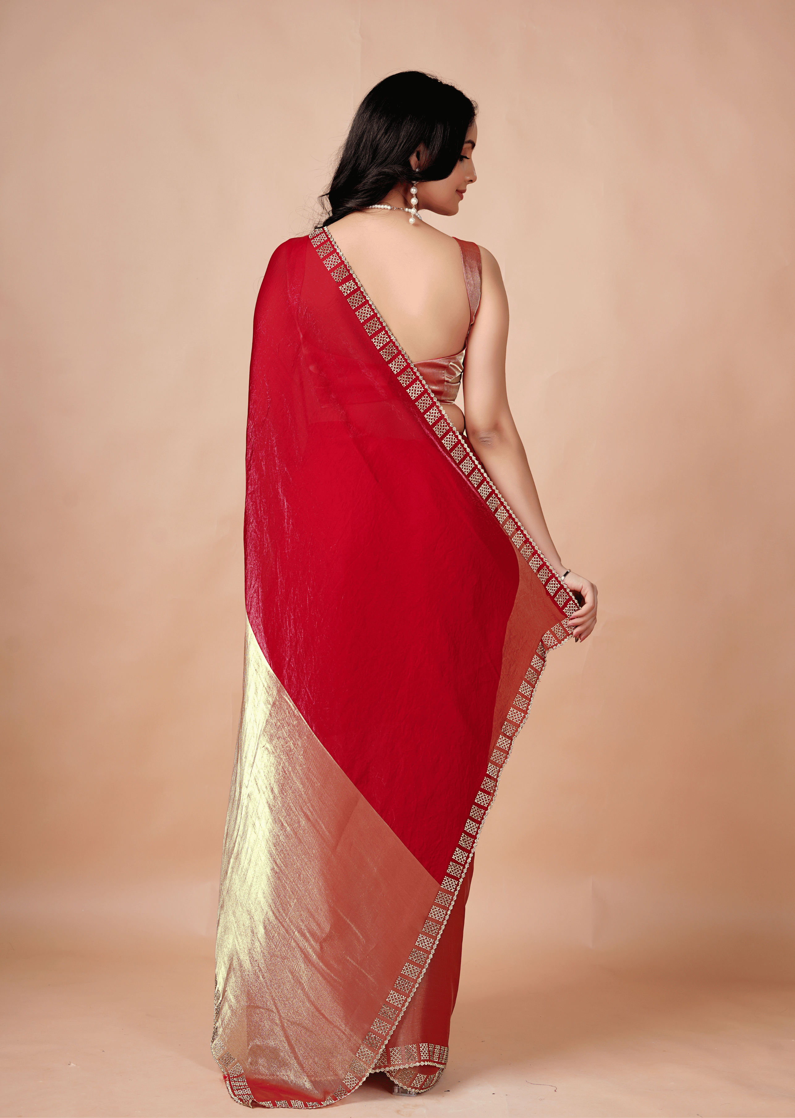 Red Tissue Silk Saree With Stone Border
