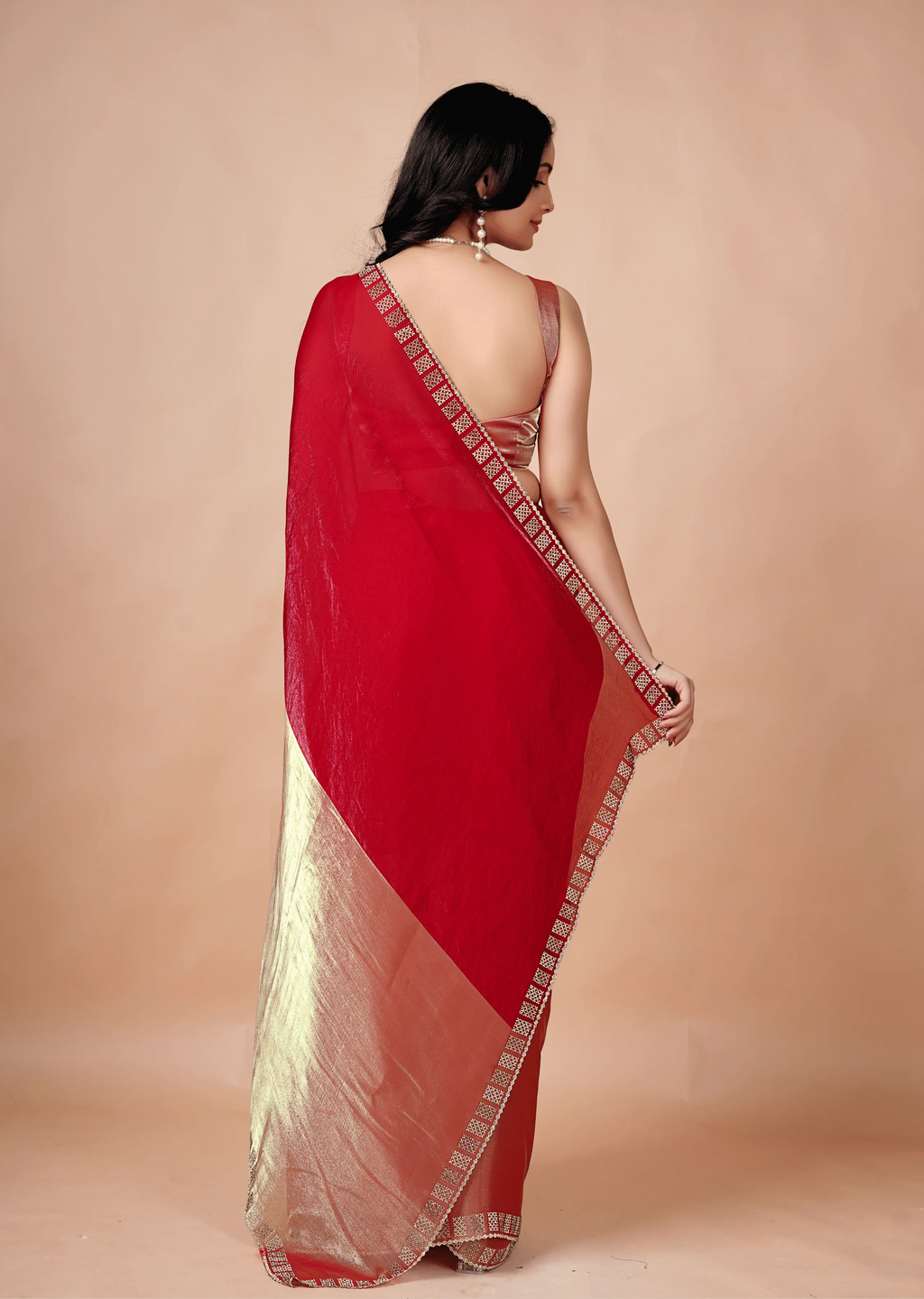  Red Tissue Silk Saree Back Pose - Stone Border Detail