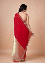  Red Tissue Silk Saree Back Pose - Stone Border Detail