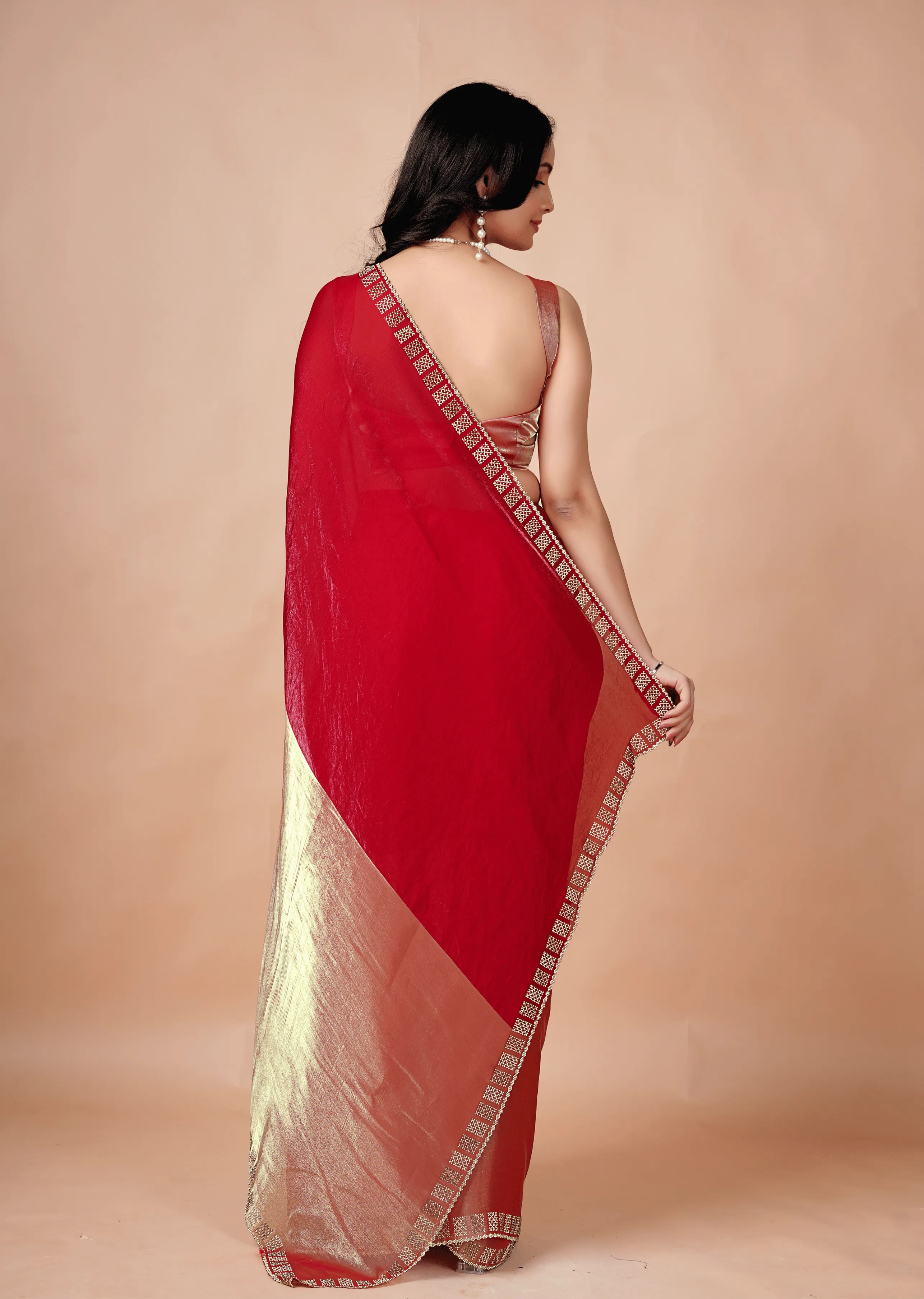  Red Tissue Silk Saree Back Pose - Stone Border Detail