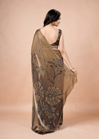 Coffee Brown Organza Silk Saree With Oversized Floral Print