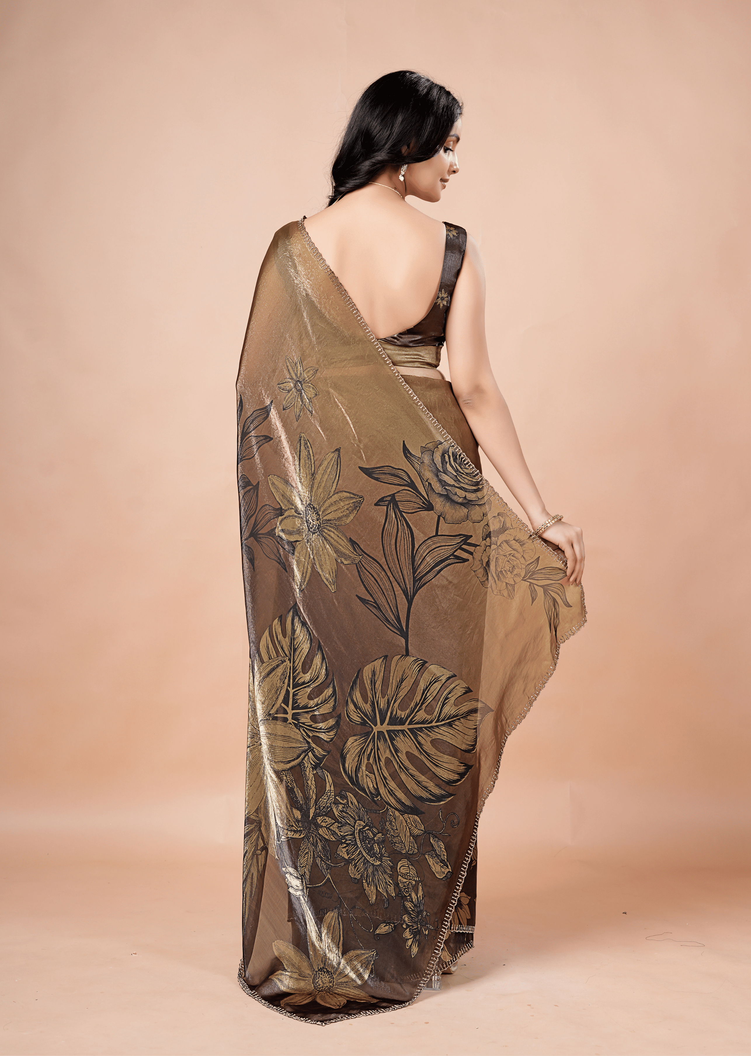 Coffee Brown Organza Silk Saree With Oversized Floral Print