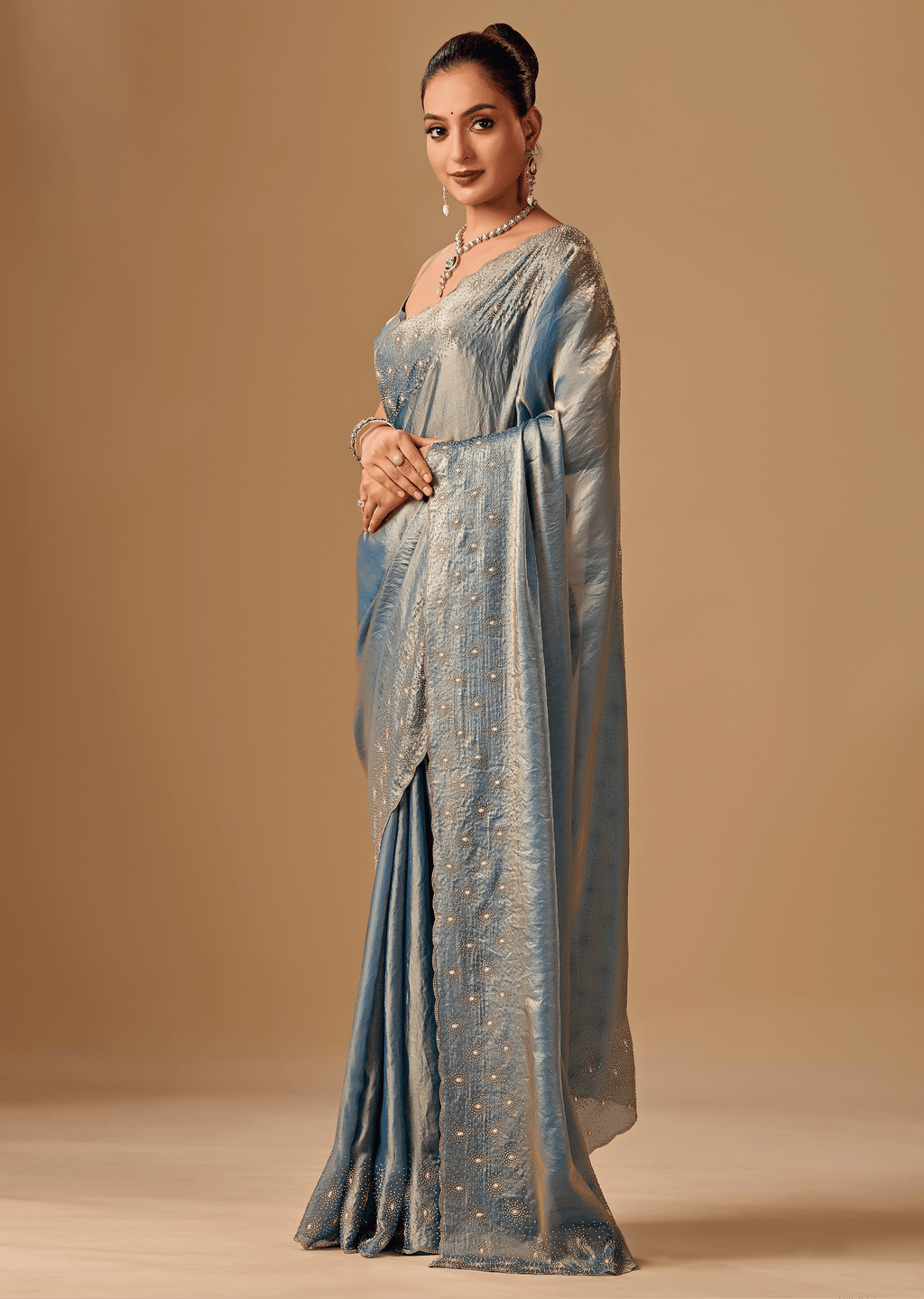 Steel Blue Tissue Silk Saree With Stone Work