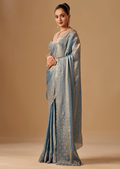 Steel Blue Tissue Silk Saree With Stone Work - Front Look | Buy On Ethnic9