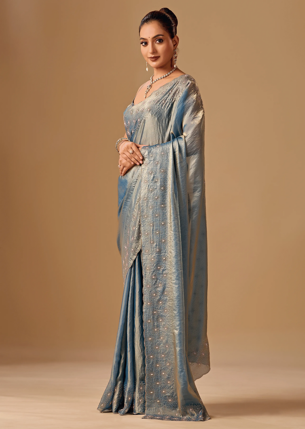 Steel Blue Tissue Silk Saree With Stone Work - Front Look | Buy On Ethnic9