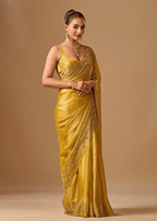 Golden Mustard Tissue Silk Saree With Crystal Stone Border
