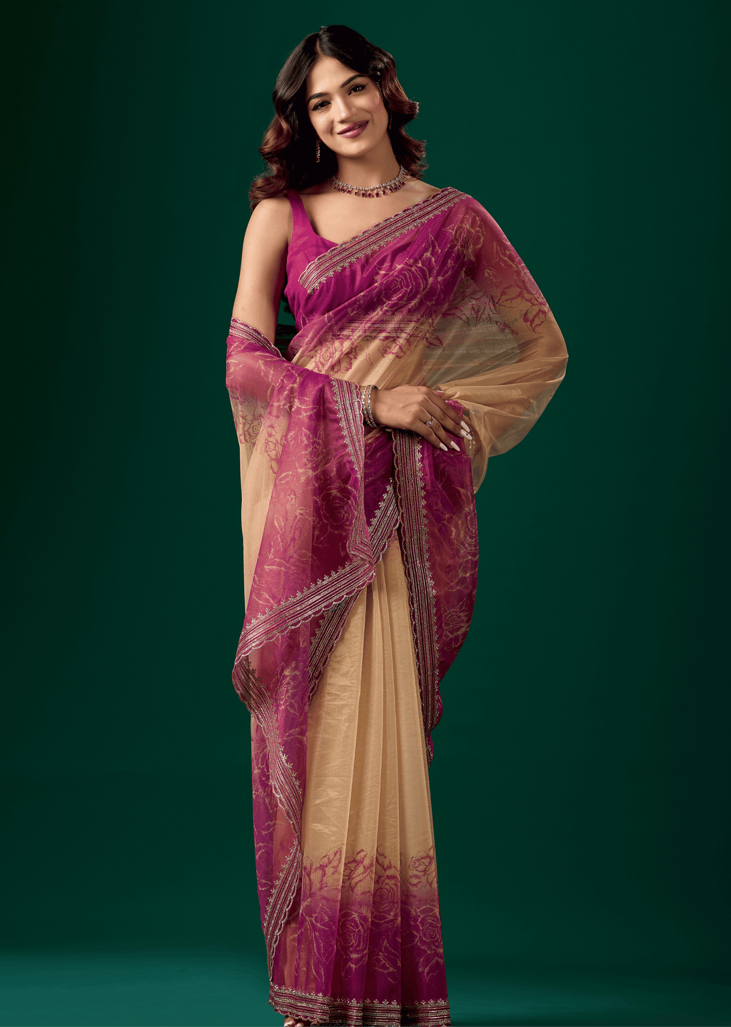 Rani Pink Organza Saree With Floral Print