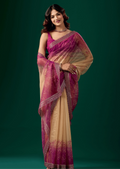 Rani Pink Organza Saree With Floral Print - Front Look | Buy On Ethnic9